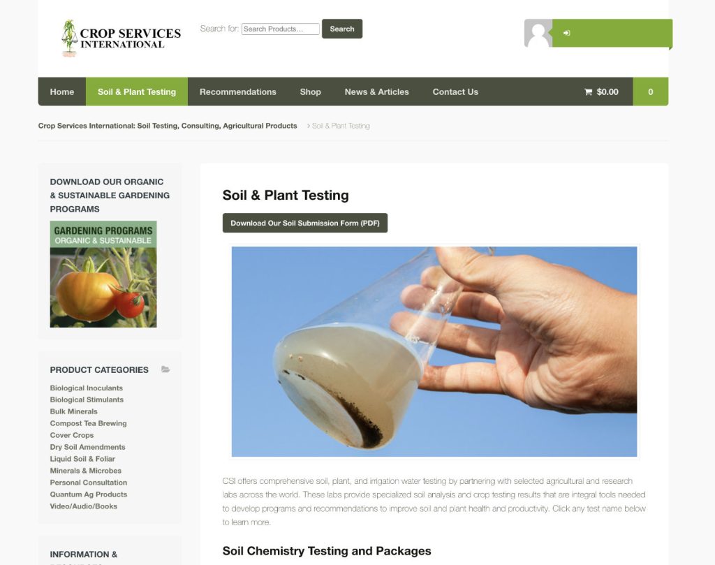 e-commerce website design farm services - soil testing page